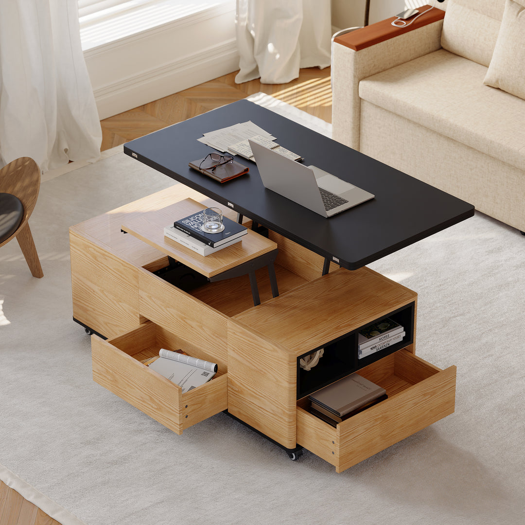 Modern Lift Top Coffee Table Multi Functional Table with 3 Drawers in Natural & Black