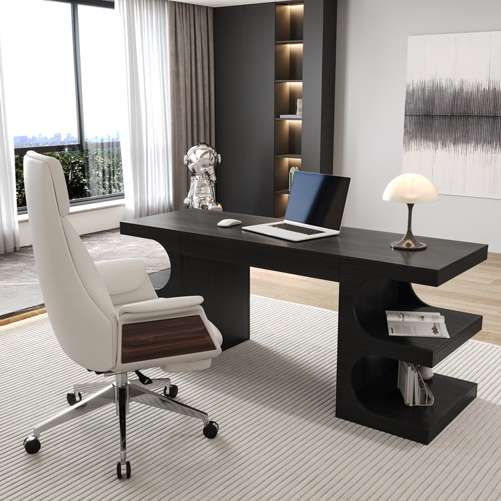 1630mm Black Wooden Writing Desk & White Leather Office Desk Chair Set High Back