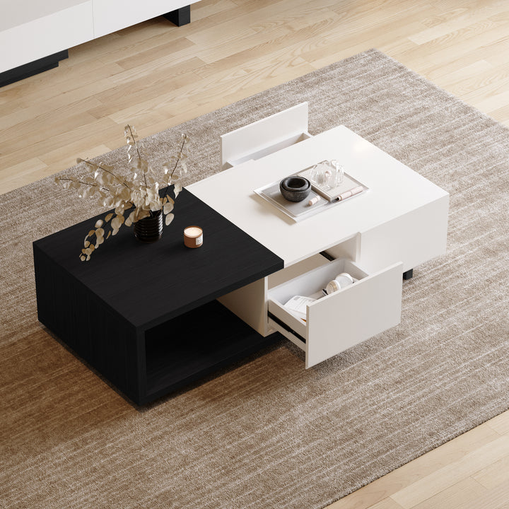 Quoint 1750mm Modern White & Black Coffee Table Retracted & Extendable with 2-Drawer