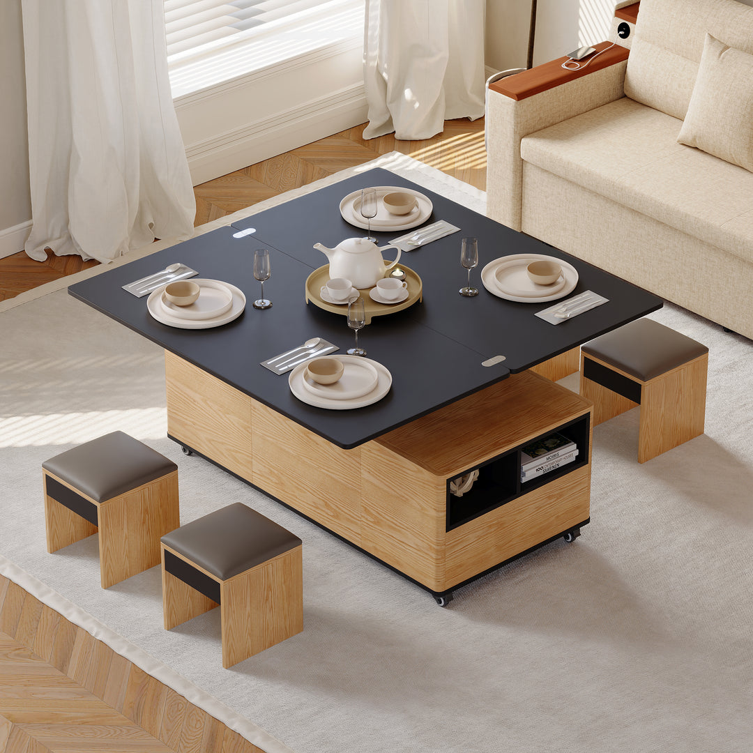 Modern Lift Top Coffee Table Multi Functional Table with 3 Drawers in Natural & Black