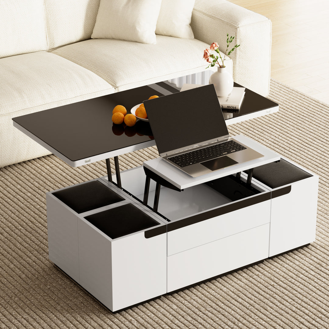 Modern White Lift Top Glass Coffee Table with Drawers & Storage Multifunction Table