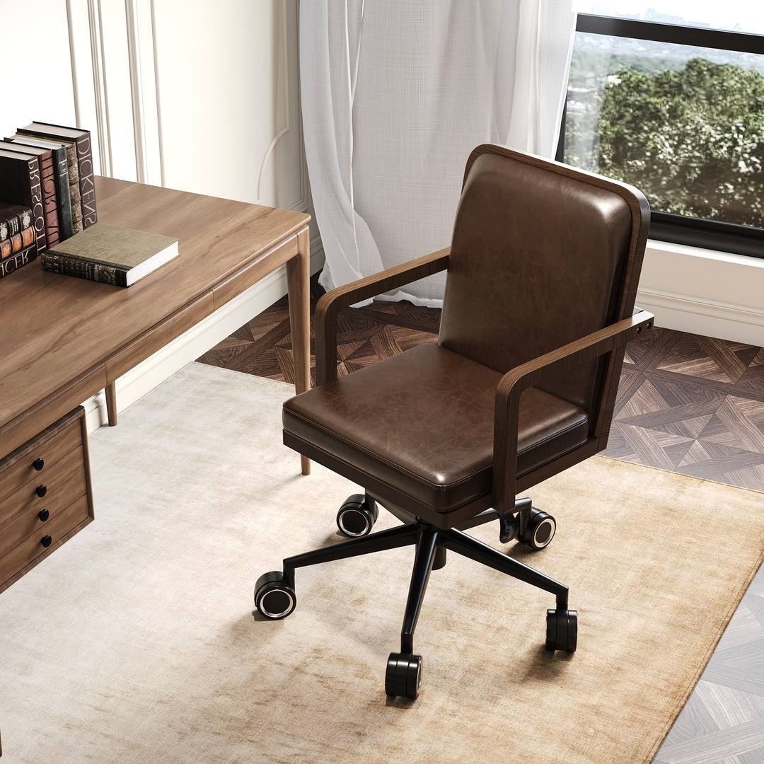 Adjustable High Back Mid-Century Office Chair Faux Leather & Wood Comfy Office Chair in Brown