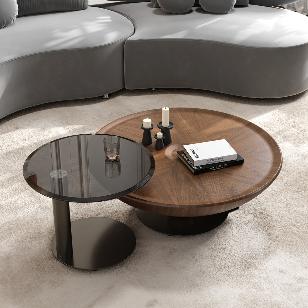 Modern Set Sf 2 Round Coffee Tables In Walnut Finish Made Of MDF And Metal.