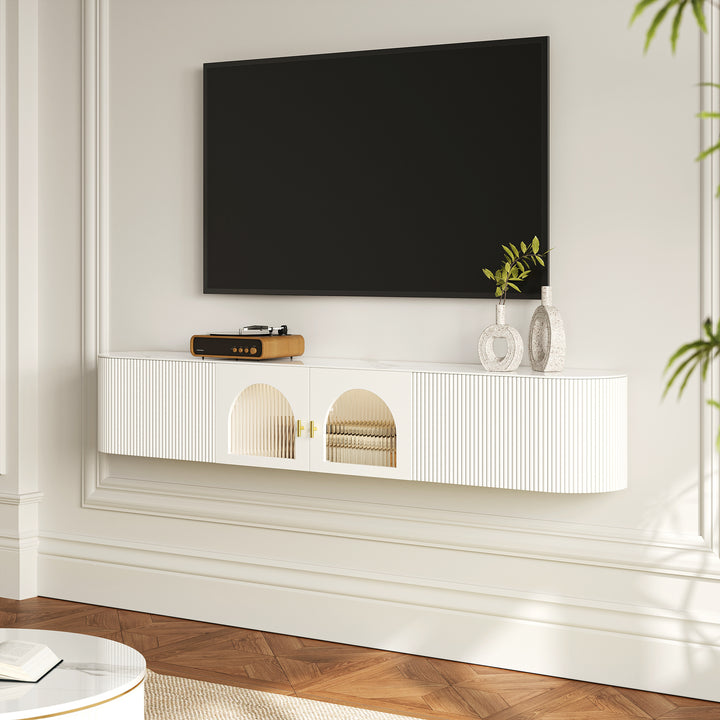 Modern White Floating Media Console Wall-Mounted TV Stand with Storage Sintered Stone Top for 1800 TV