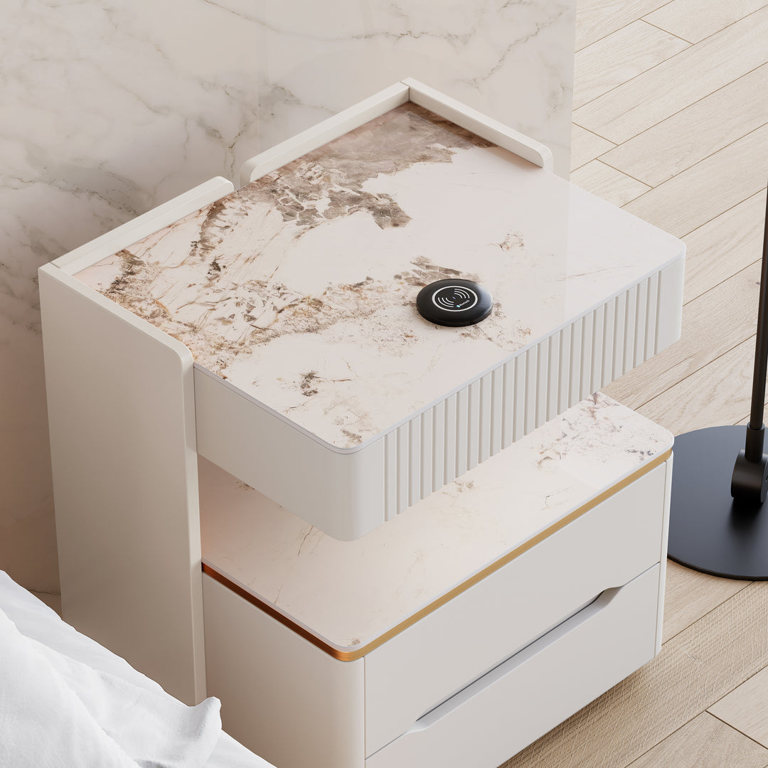 Modern Smart Nightstand with Wireless Charger & Sensor Light & Bluetooth Speakers Sintered Stone Bedisde Table