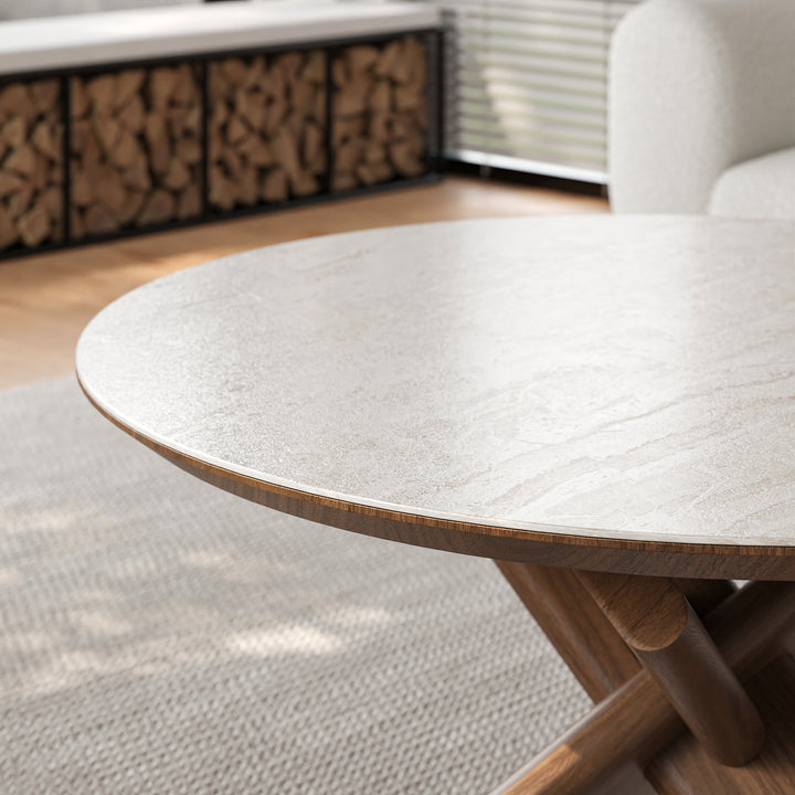 Mid Century Modern Sintered Stone Top Beige & Walnut Coffee Table with Solid Wood Base