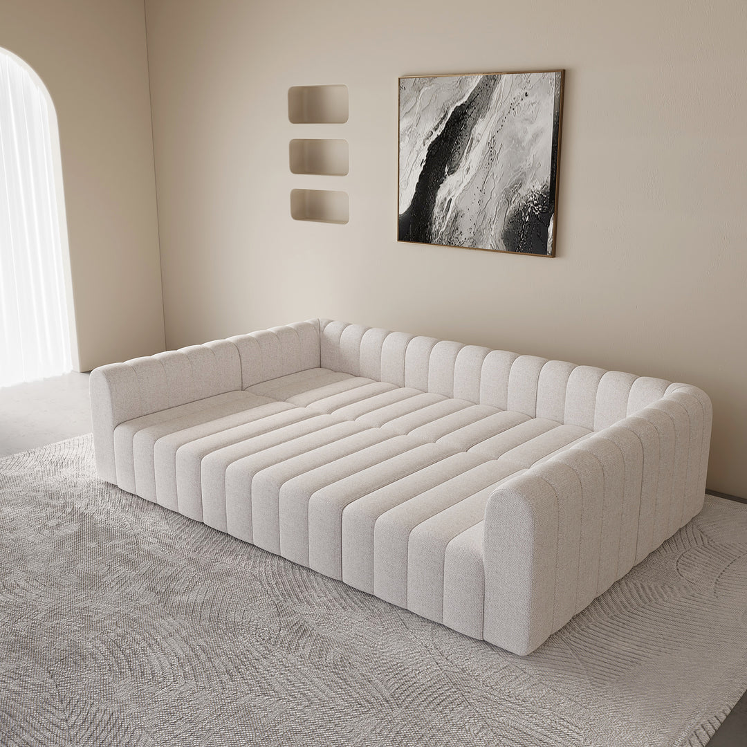 3020mm White Cotton Linen Modular Pit Sectional Sofa Set Convertible 6-Seater