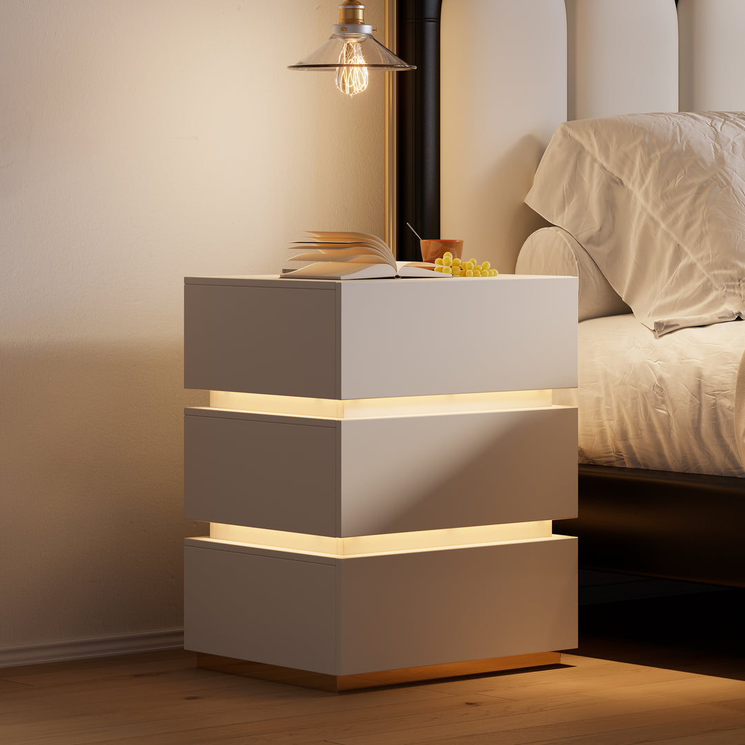 Smart 3-Drawer Nightstand with Charging Station Bedside Table with Light in White