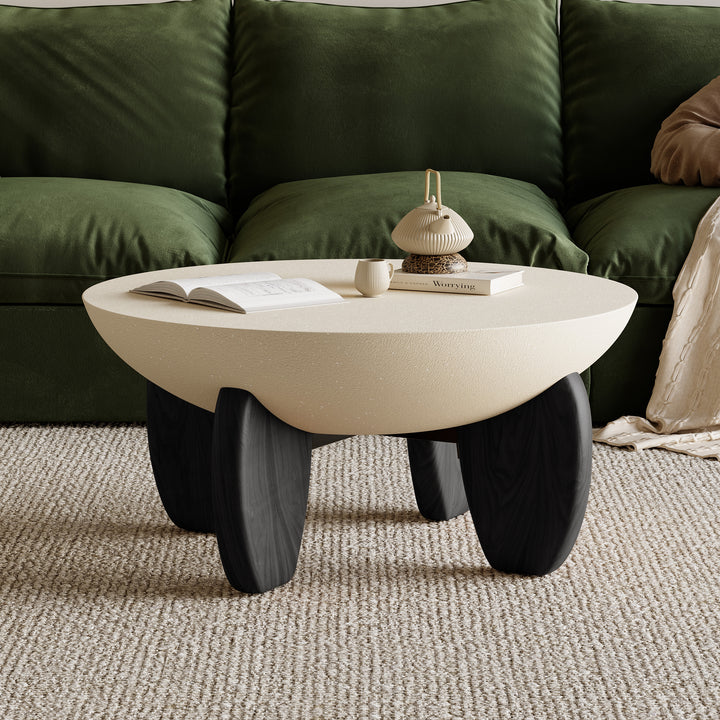 Curva Round Small Modern Beige & Black Coffee Table Concrete & Wood Accent Table