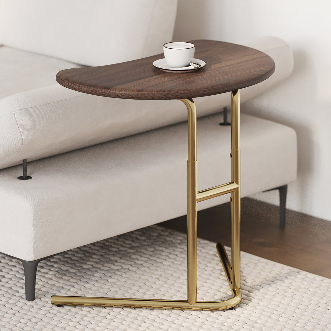 Lift Top Side Table Walnut & Gold C-shaped Adjustable End Table for Living Room