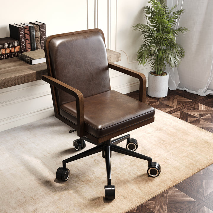 Adjustable High Back Mid-Century Office Chair Faux Leather & Wood Comfy Office Chair in Brown