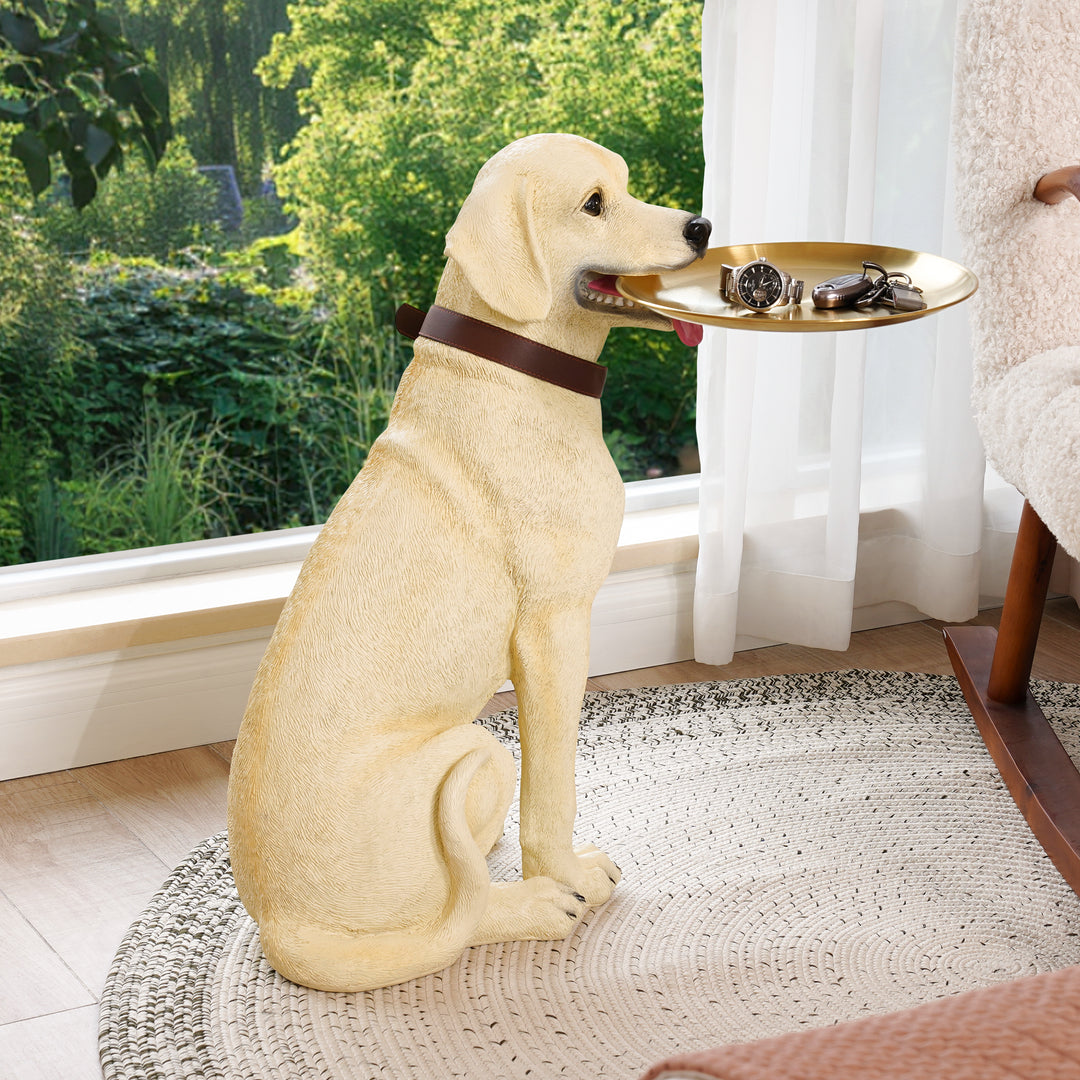 Modern Beige Resin Dog Sculpture Cute End Side Table with Stainless Steel Storage Tray