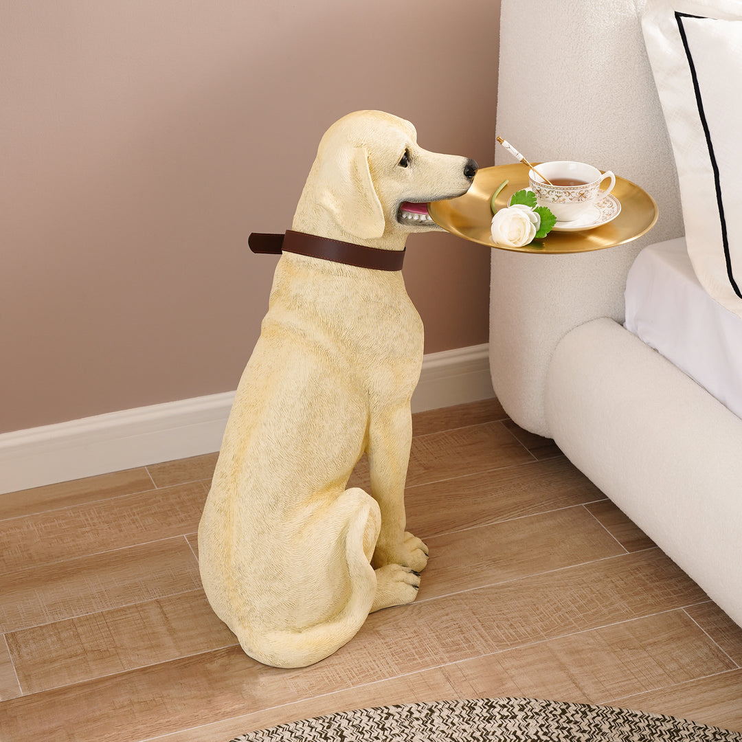 Modern Beige Resin Dog Sculpture Cute End Side Table with Stainless Steel Storage Tray