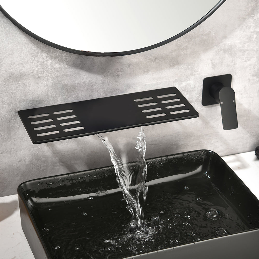 Modern Waterfall Wall Mounted Bathroom Basin Tap Single Handle in Black