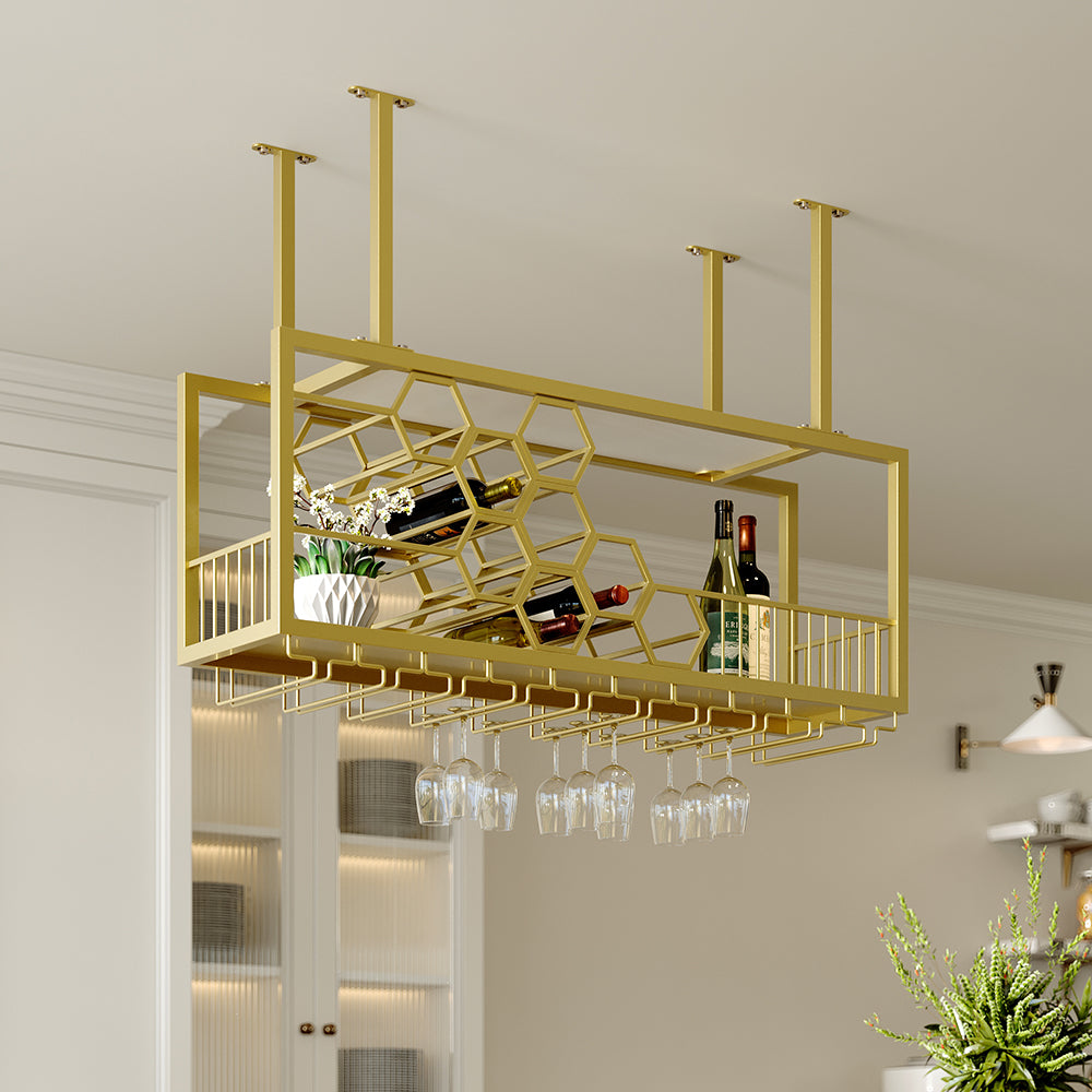 970mm Metal Hanging Wine Rack Golden Bar Shelf Floating Wine Glass Holder