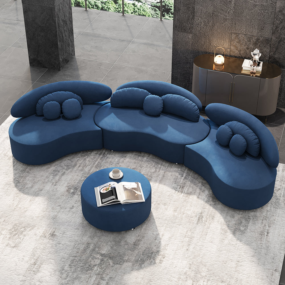 Modern 7-Seat Sofa Curved Sectional Modular Blue Velvet Upholstered with Ottoman