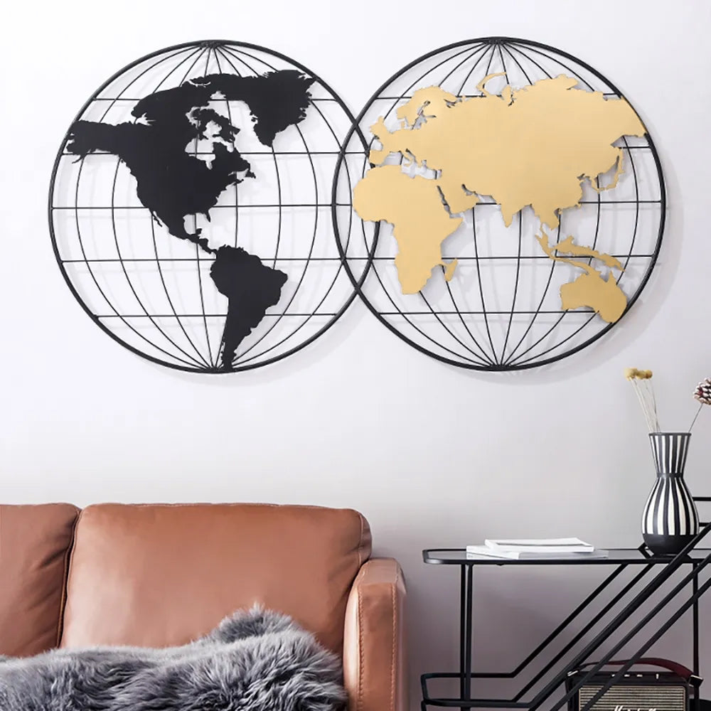 1105mm Modern Geometry World Map Wall Decor with Metal Round Frame in Black & Gold