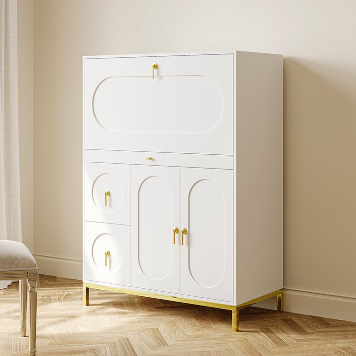 1000mm Modern White & Gold Secretary Desk with 3 Drawers and 3 Doors Flip Design