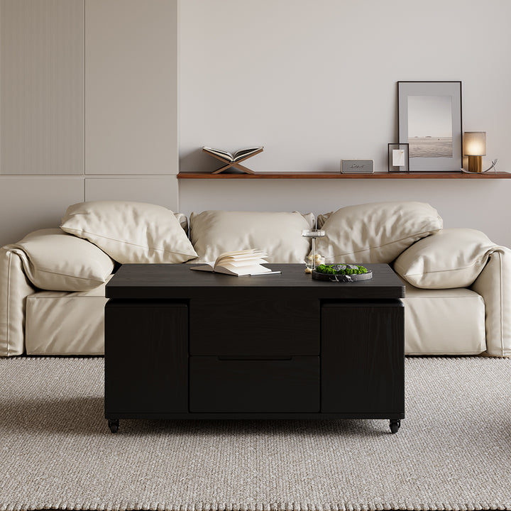 Modern Black Lift Top Coffee Table 4 in 1 with Storage Ottoman Foldable and Casters Transforming Into Dining Table