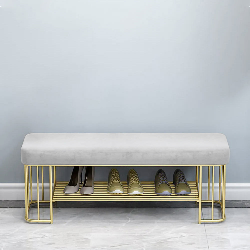 Modern Grey Hallway Bench with Shoe Storage Velvet Upholstered with Gold Frame and Shelf