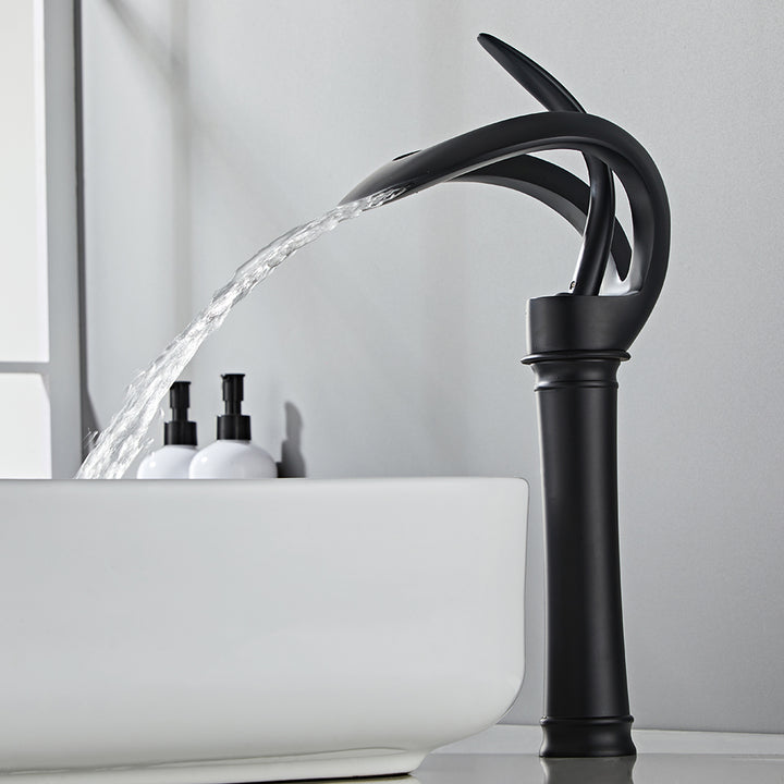 Modern Elegant Waterfall Bathroom Countertop Basin Tap Single Handle Solid Brass Black