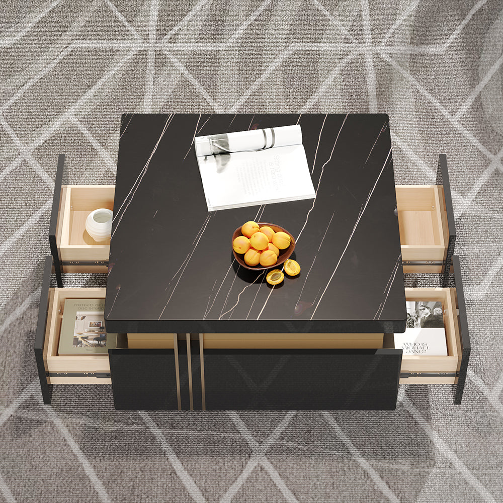 Trimied 700mm Modern Black Square Storage Coffee Table Stone Top & 4 Wood Drawers