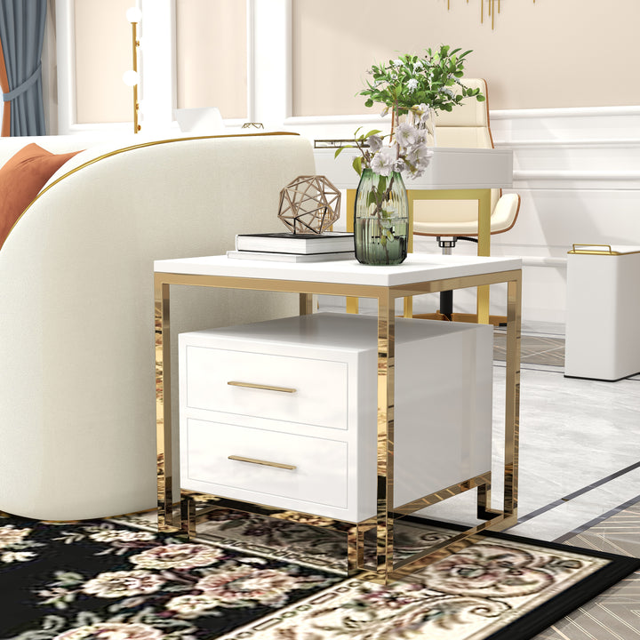 White Side Table with Two-Drawer End Table Stainless Steel in Gold