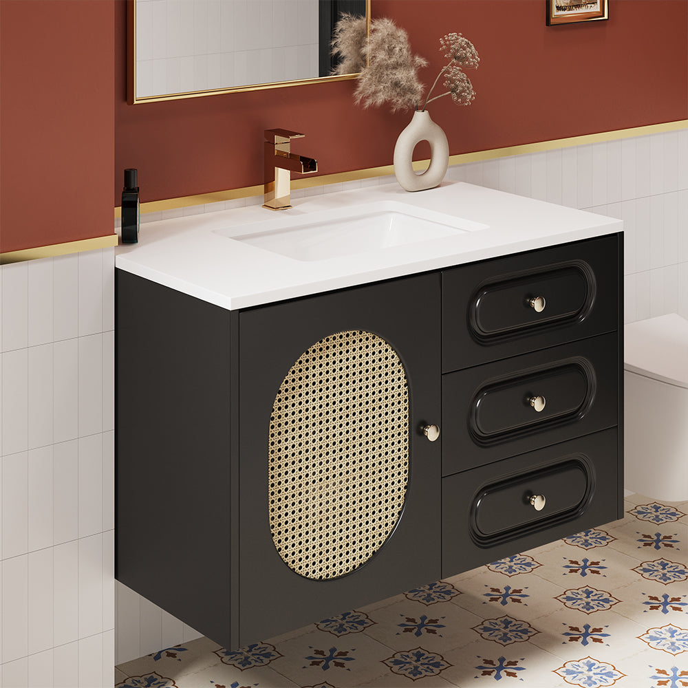 800mm Black Floating Bathroom Vanity Undermount Ceramic Sink with Rattan Door Cabinet