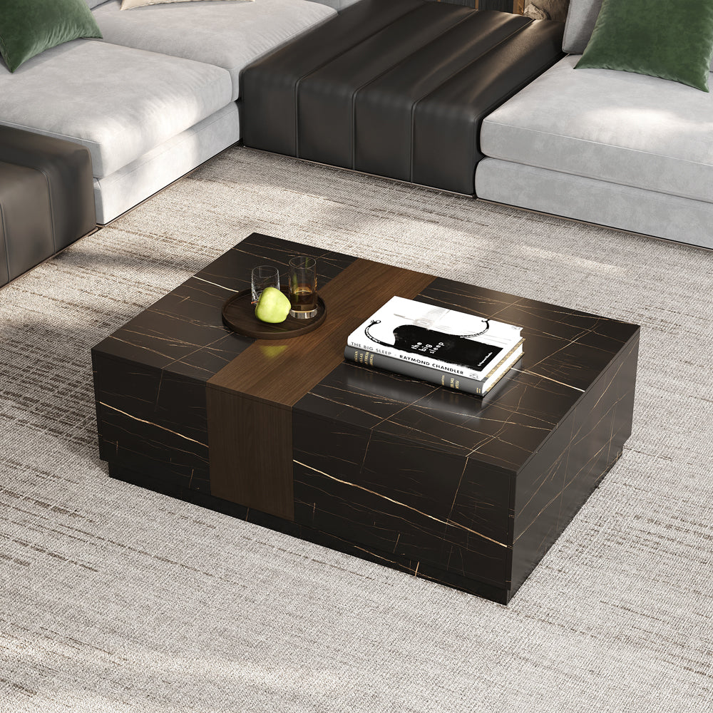 47.2" Vewal Wood Block Coffee Table Marble & Walnut Veneer in Black with 2 Drawers