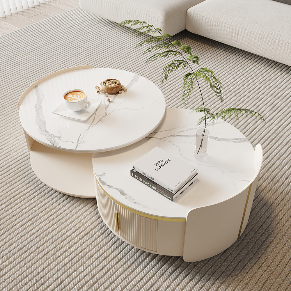 Round Modern Sintered Stone Top Nesting Coffee Table Fluted with Drawer in Off White & Gold