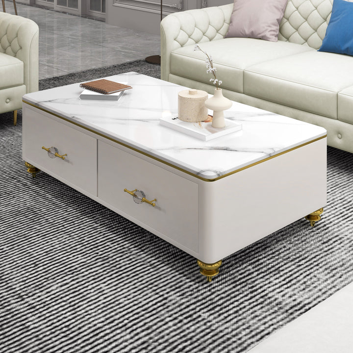 Chift 1300mm Modern Marble White Coffee Table & Storage Drawers Gold Stainless Steel Leg