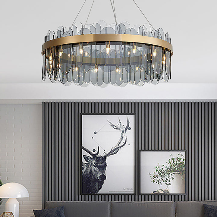 Modern Round 14-Light Tiered Smokey Gray Glass Chandelier