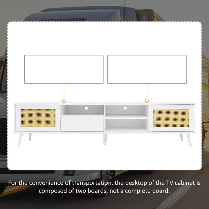 Modern Oak Rattan TV Cabinet Stand with 3 Open Storage Spaces and Cable Management