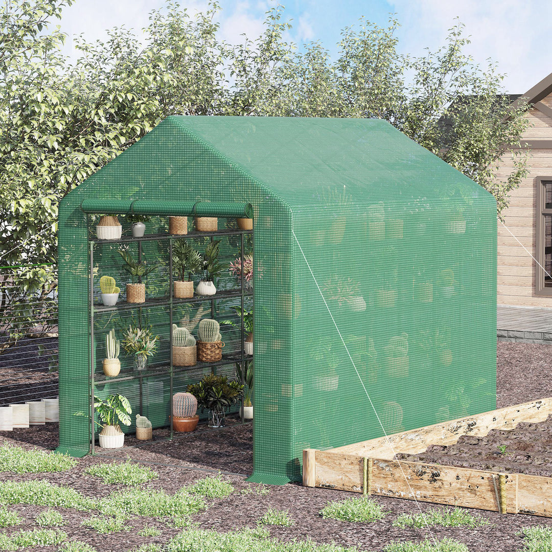 Poly Tunnel Steeple Walk in Garden Greenhouse with Removable Cover Shelves - Green 244 x 180 x 210cm