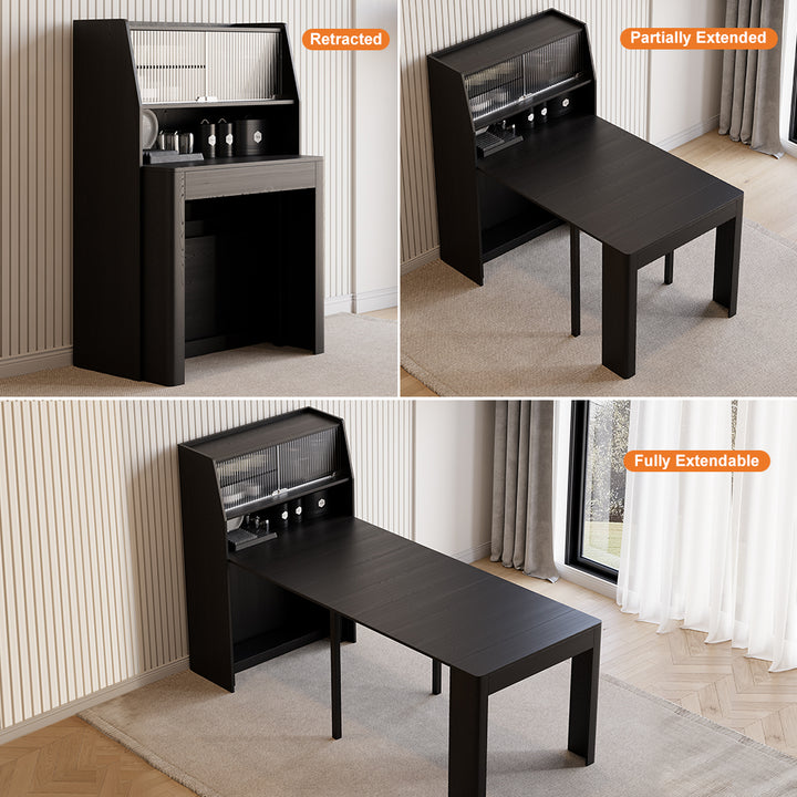 70.9'' Extendable Dining Table with Storage Rectangle Sideboard Glass Door Seats 4-6 Modern Black