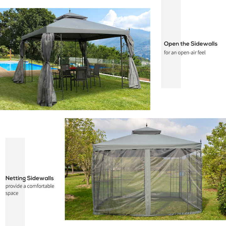 3(M)x3(M) Garden Gazebo Double Top Outdoor Canopy Patio Event Party Wedding Tent Backyard Sun Shade with Mesh Curtain - Grey