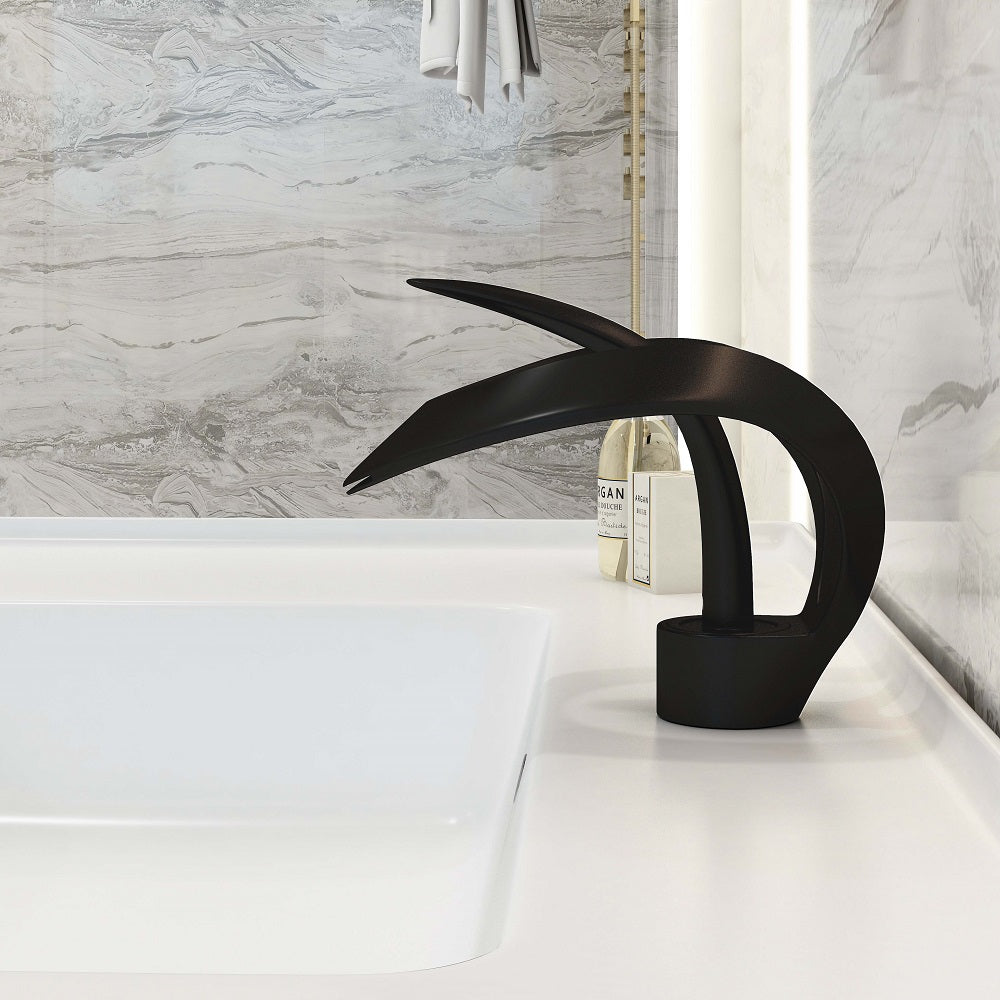 Modern Elegant Waterfall Bathroom Basin Tap Single Lever Handle Solid Brass in Black