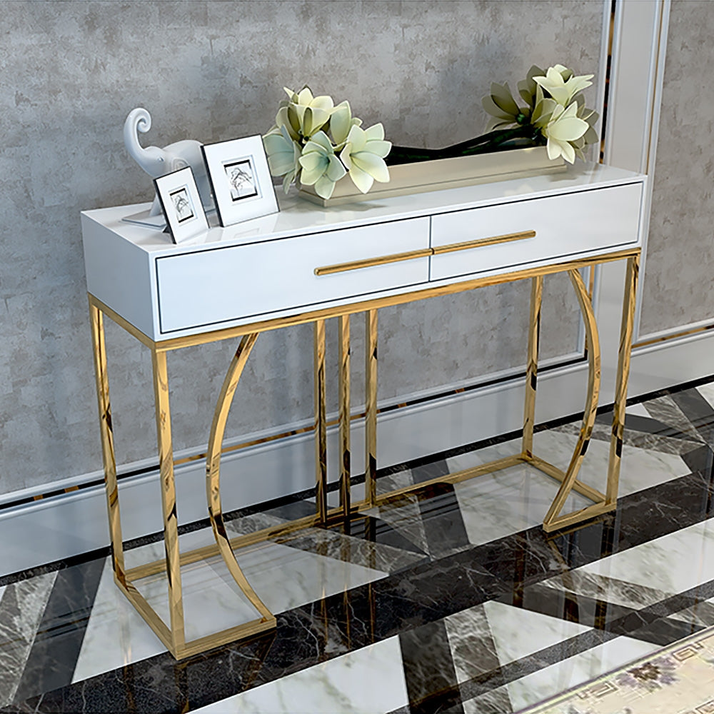 Modern White MDF Top Console Table with Drawers & Gold Stainless Steel Legs for Entryway