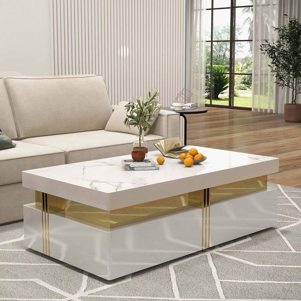 Trimied Modern Wood Coffee Table with Storage in White Center Table Stainless Steel Base