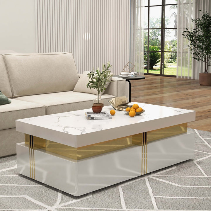 Trimied Modern Wood Coffee Table with Storage in White Center Table Stainless Steel Base