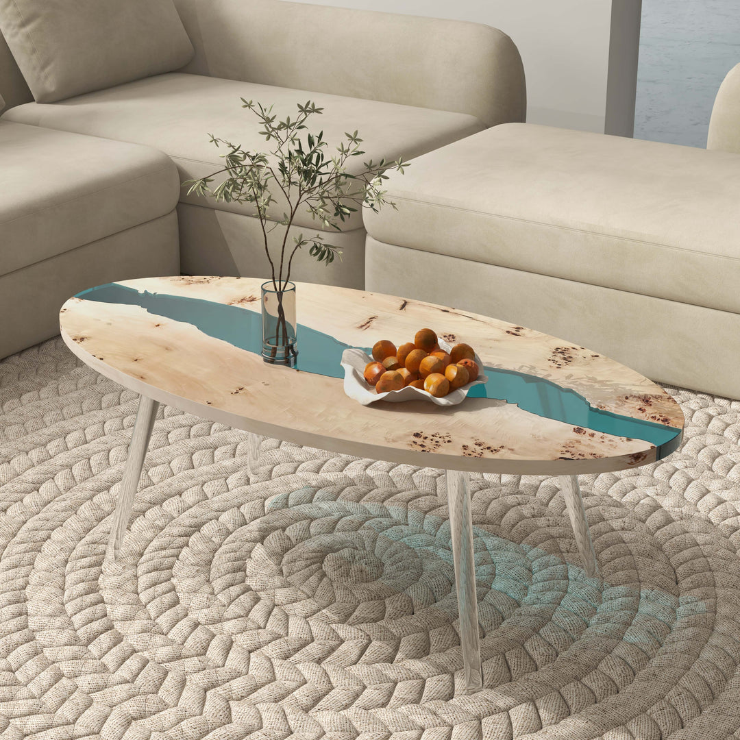 Modern Natural Oval Coffee Table with Solid Wood & Resin Tabletop & Acrylic Legs