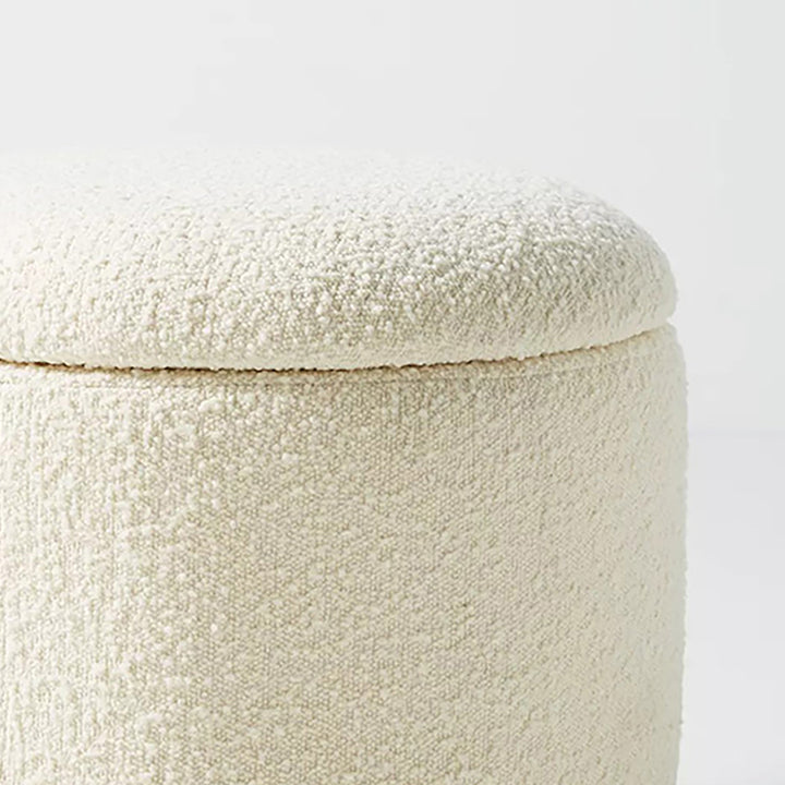 Modern White Boucle Vanity Stool with Lifted Top Storage Round Ottoman with Walnut Legs