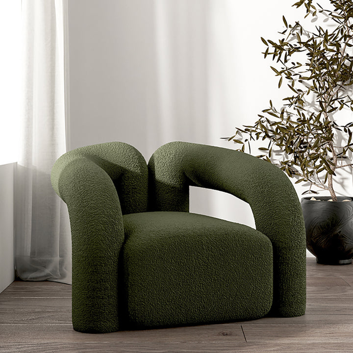 Japandi Dark Green Boucle Accent Chair Shaggy Armchair for Living Room