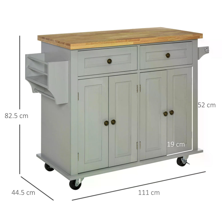 Rolling Kitchen Island Storage Trolley with Rubber Wood Top & Drawers for Dining Room