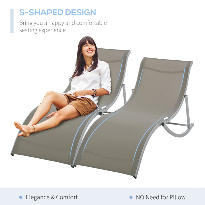 Set of 2 S-shaped Foldable Lounge Chair Sun Lounger Reclining Outdoor Chair for Patio Beach Garden Light Grey