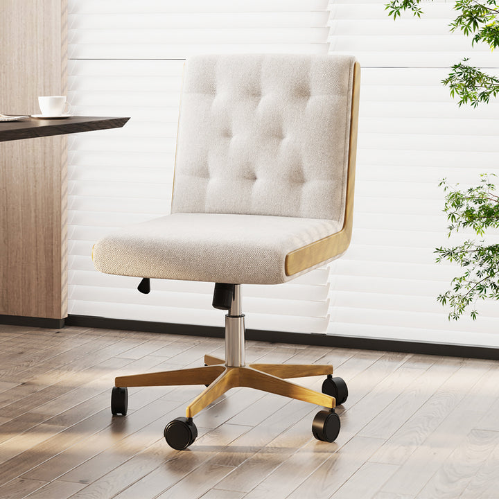 Modern White Swivel Office Chair Adjustable Height Ergonomic Linen Armless Desk Chair