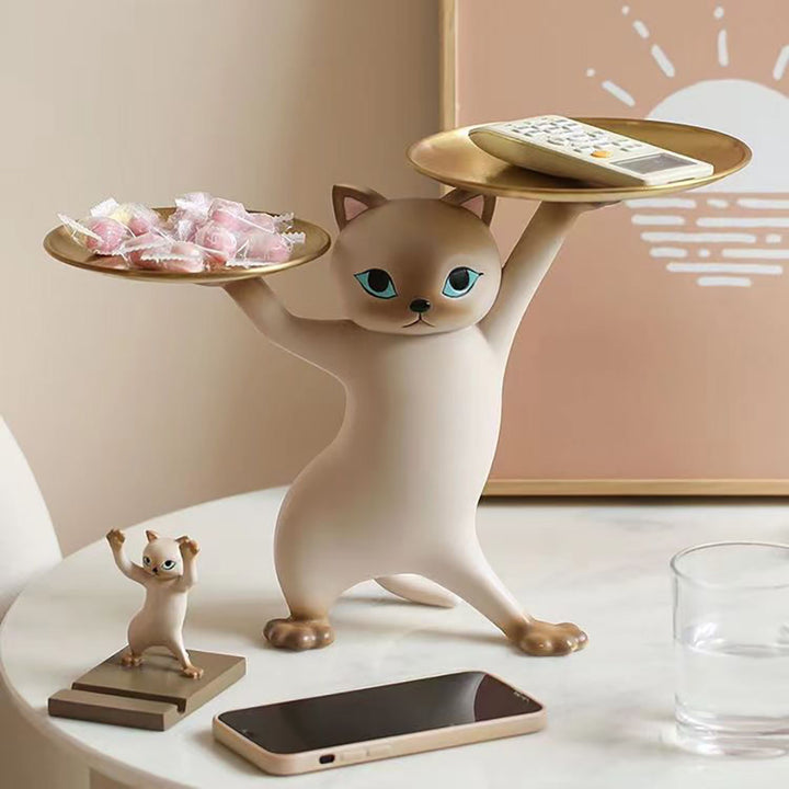 Modern Cat Resin Figurine with Gold Desk Storage Tray