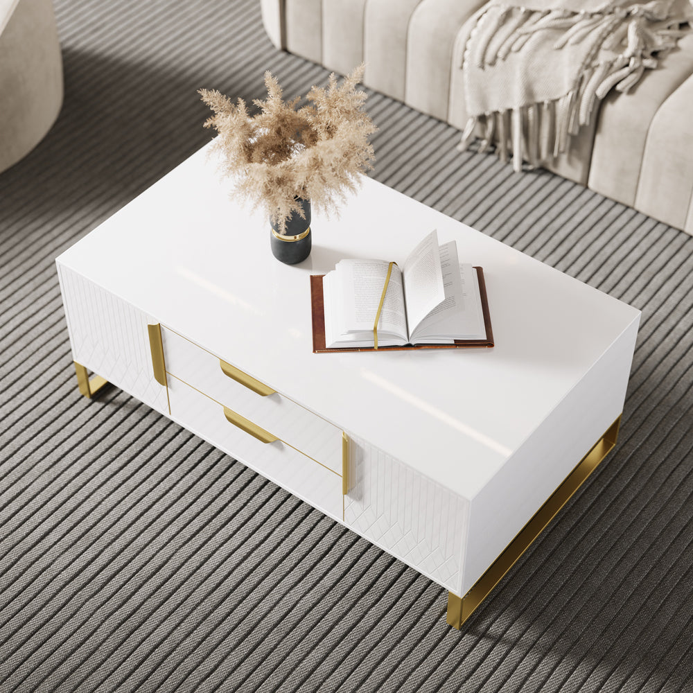 Aro Modern White Rectangular Coffee Table with Storage of Drawers & Doors in Gold