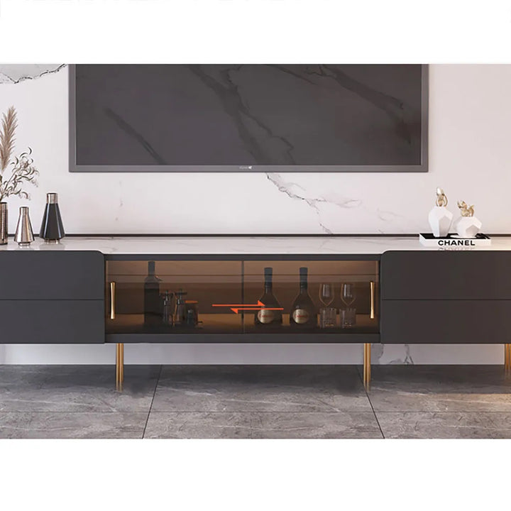 Brotic Modern 2000mm TV Stand Sintered Stone 2-Drawer Glass Doors Media Console