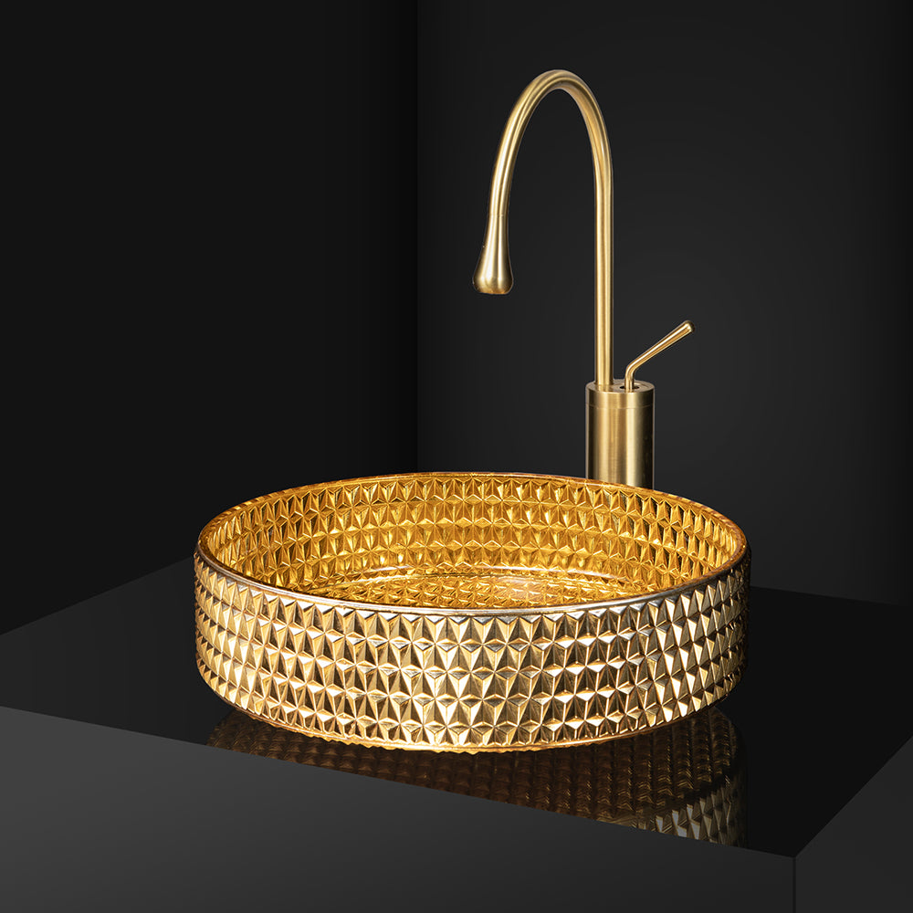 390mm Modern Luxury Diamond Shaped Crystal Glass Bathroom Countertop Basin in Gold